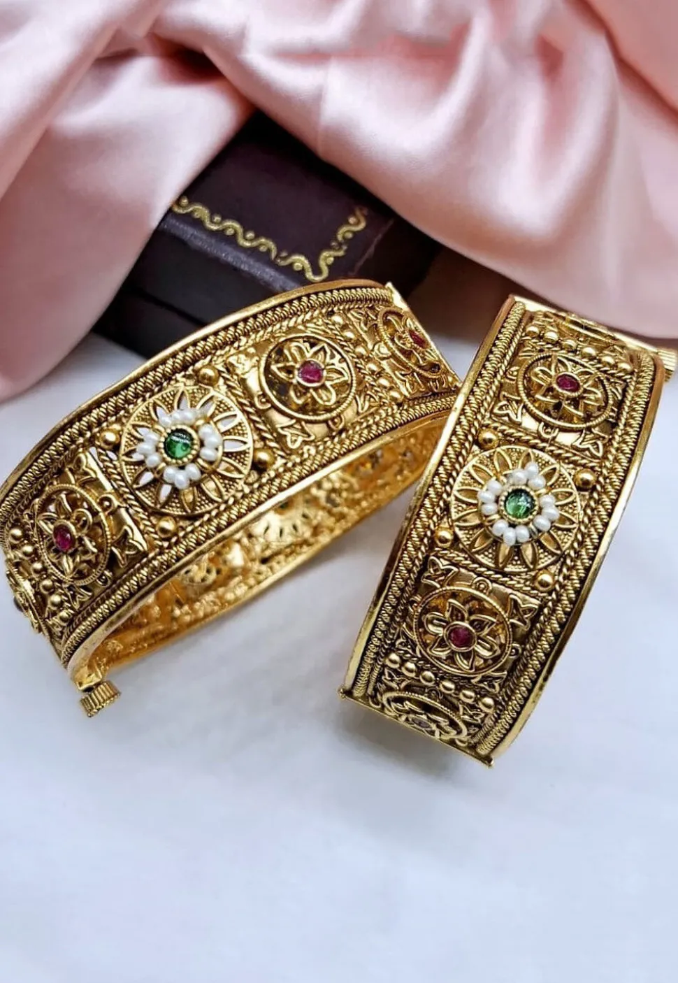 Golden Polished Stone Studded Openable Bangle Pair
