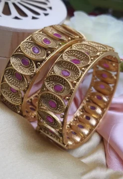 Golden Polished Stone Studded Openable Bangle Pair