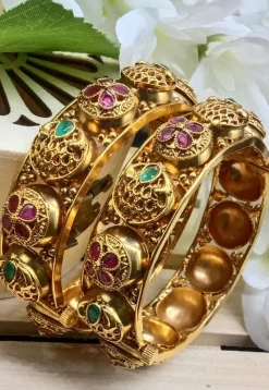 Golden Polished Stone Studded Openable Bangle Pair
