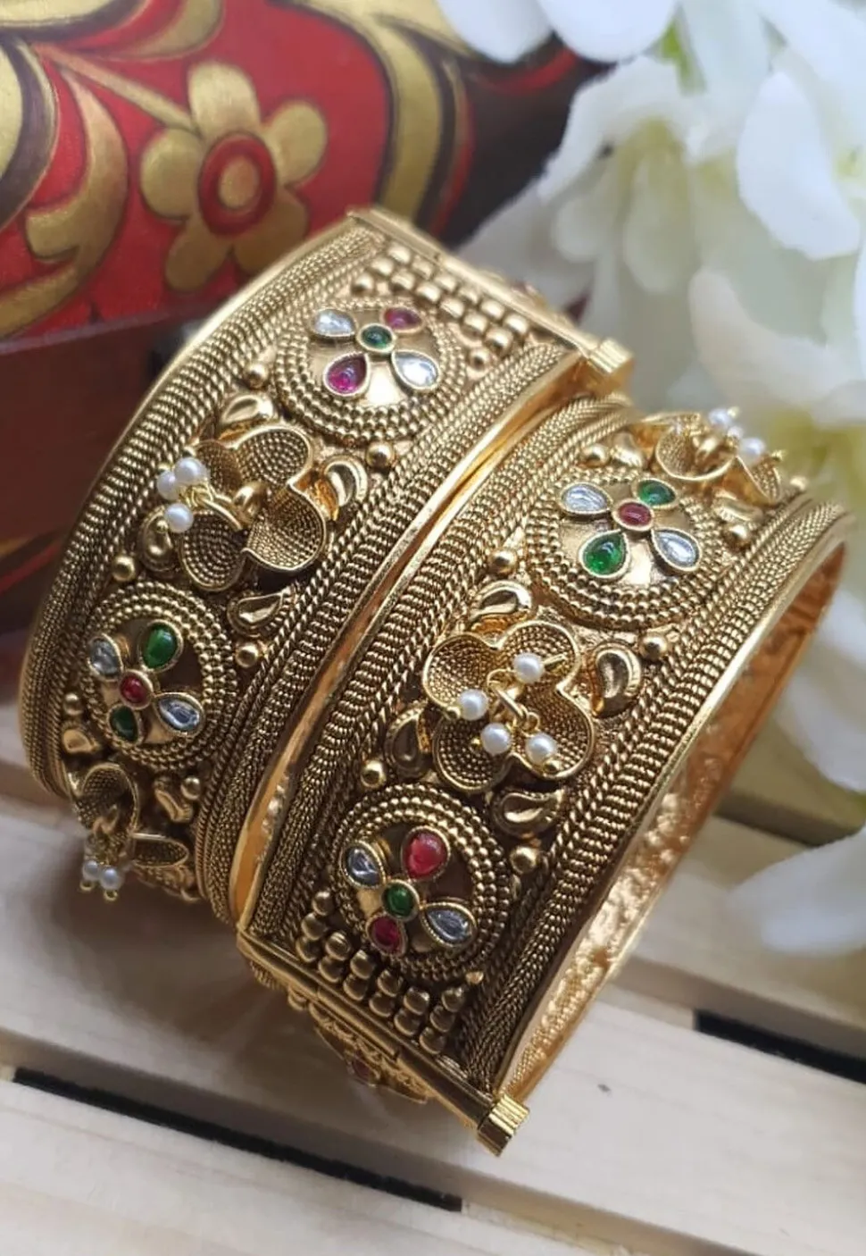 Golden Polished Stone Studded Openable Bangle Pair