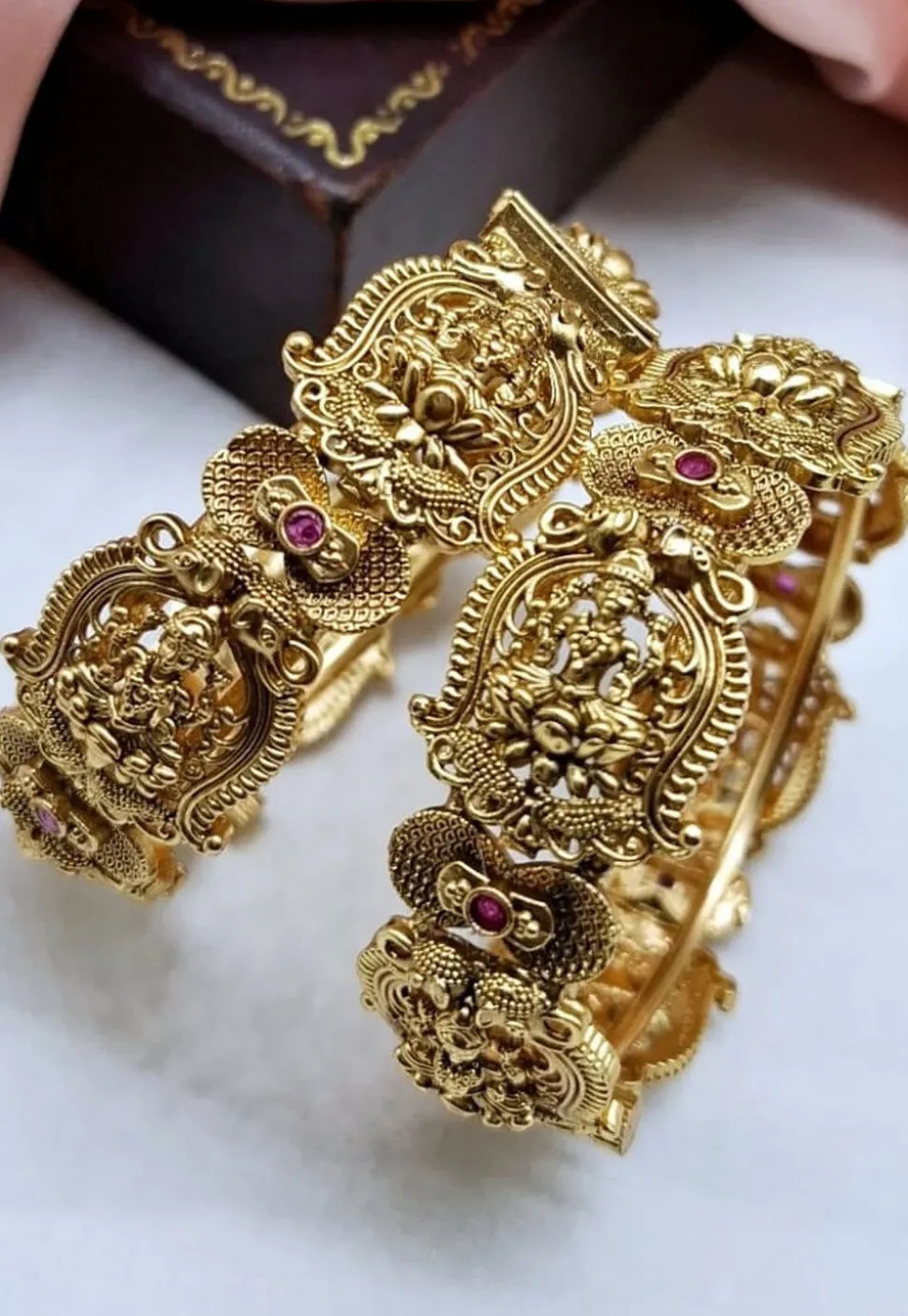Golden Polished Stone Studded Openable Bangle Pair
