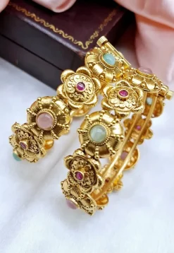 Golden Polished Stone Studded Openable Bangle Pair