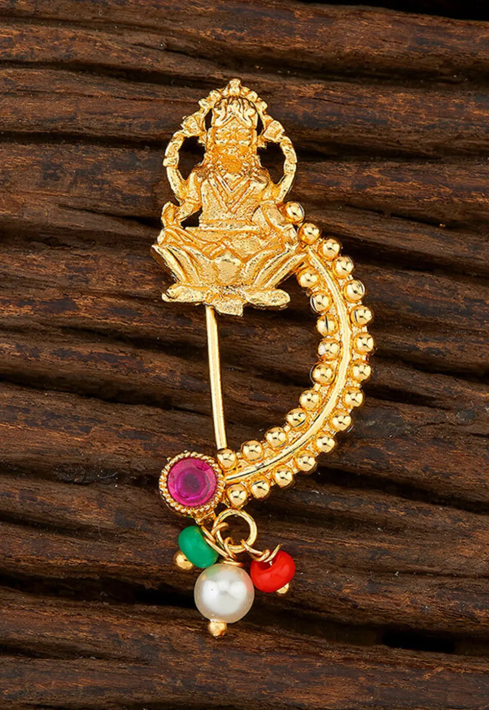 Golden Polished Stone Studded Temple Nose Ring