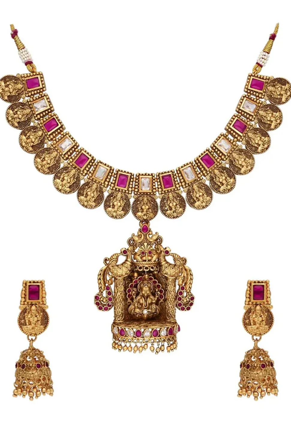 Golden Polished Stone Studded Temple Necklace