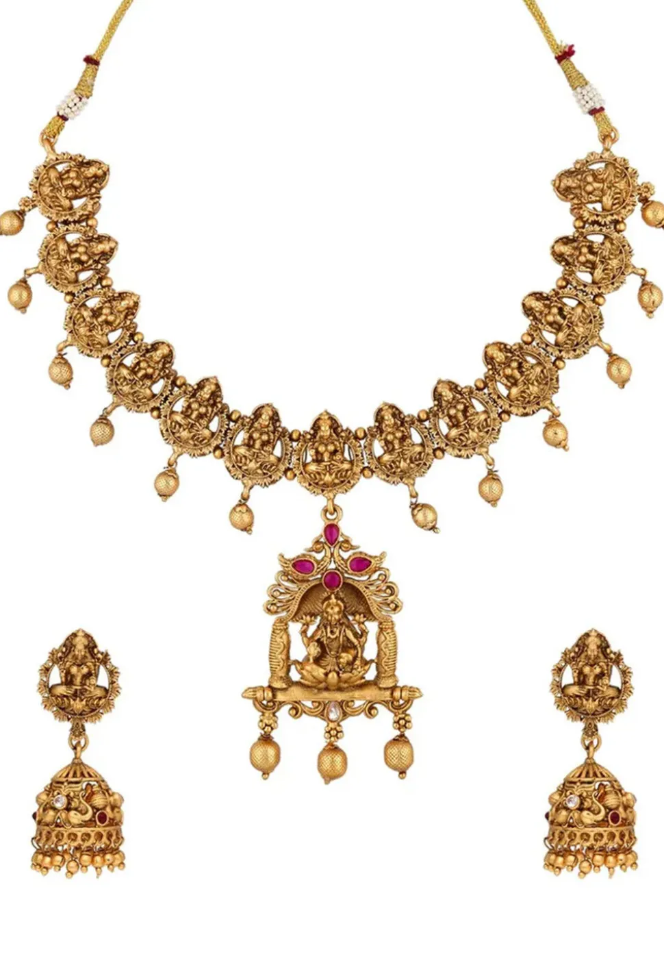 Golden Polished Stone Studded Temple Necklace