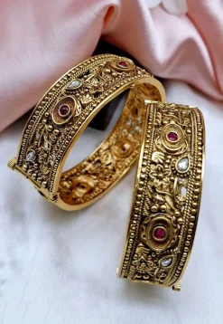Golden Polished Stone Studded Openable Bangle Pair