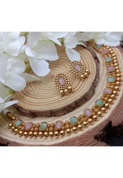 Golden Polished Stone Studded Necklace Set
