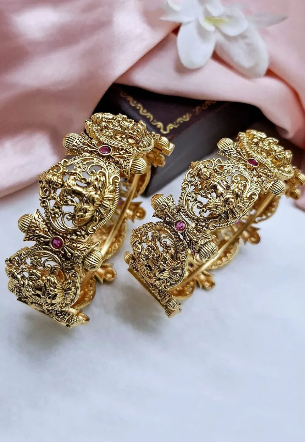 Golden Polished Stone Studded Openable Bangle Pair