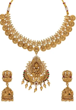Golden Polished Stone Studded Temple Necklace