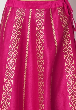 Golden Printed Art Dupion Silk Skirt in Fuchsia