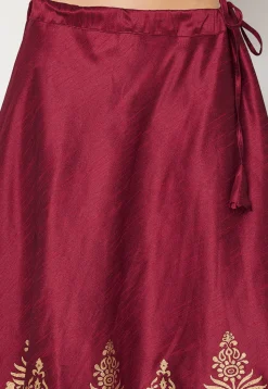 Golden Printed Art Dupion Silk Skirt in Maroon
