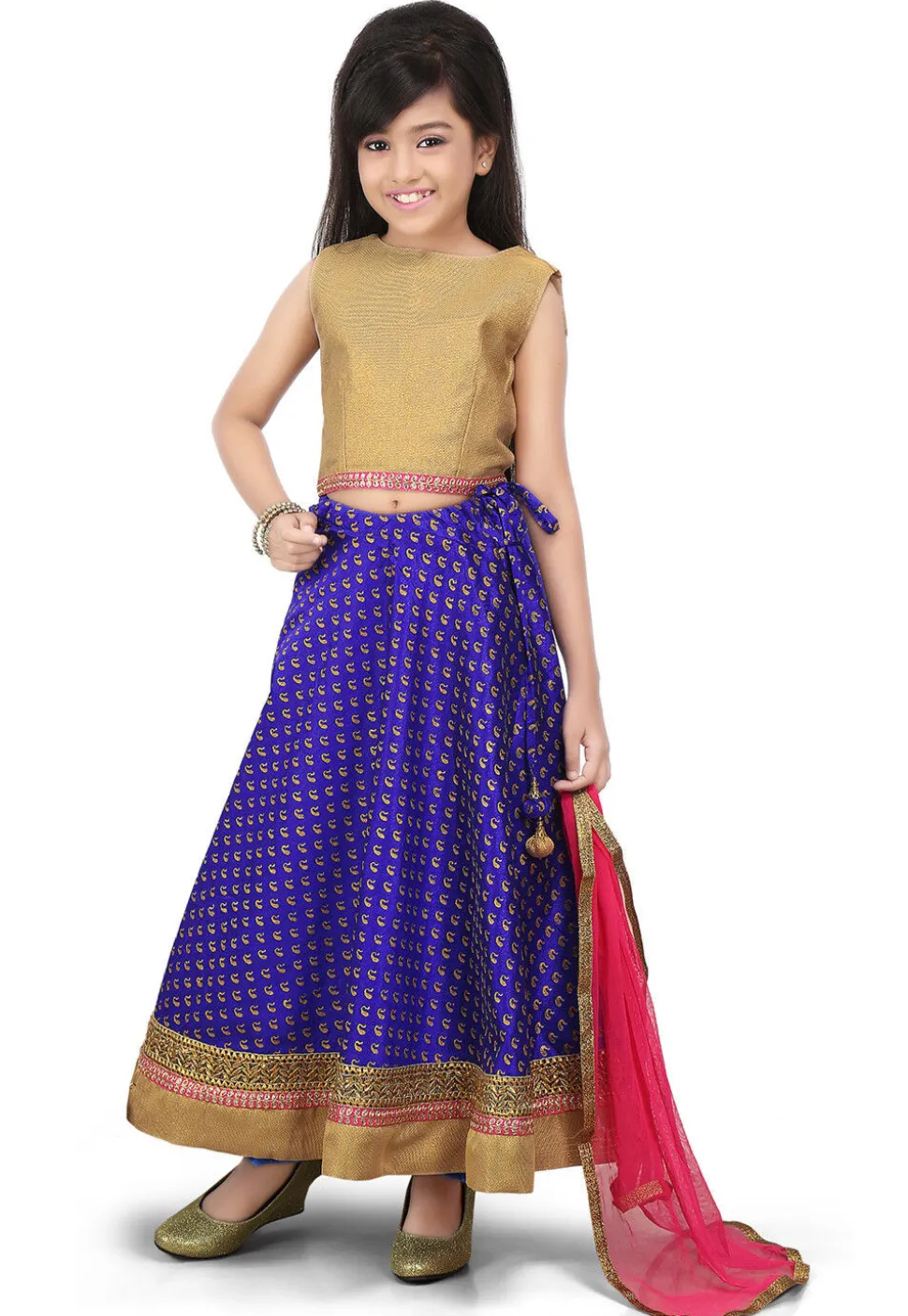 Golden Printed Art Dupion Silk Lehenga in Royal Blue