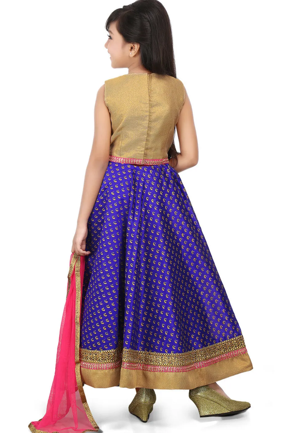 Golden Printed Art Dupion Silk Lehenga in Royal Blue