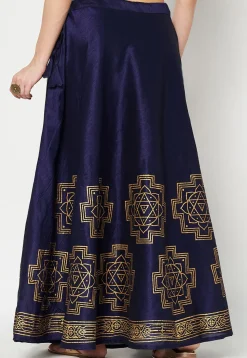 Golden Printed Art Dupion Silk Skirt in Navy Blue