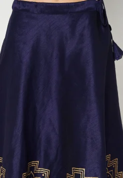 Golden Printed Art Dupion Silk Skirt in Navy Blue