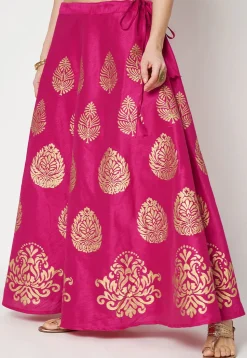 Golden Printed Art Dupion Silk Skirt in Fuchsia