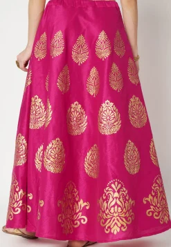 Golden Printed Art Dupion Silk Skirt in Fuchsia