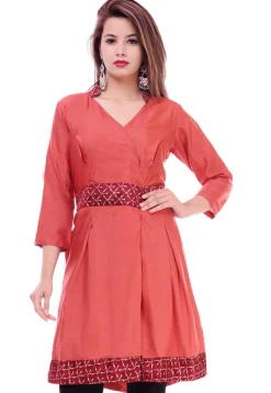 Golden Printed Art Silk Angrakha Style Tunic in Rust