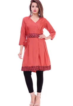 Golden Printed Art Silk Angrakha Style Tunic in Rust