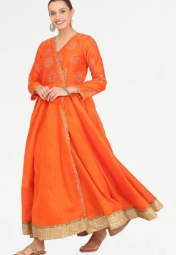 Golden Printed Art Silk Angrakha Style Kurta in Orange