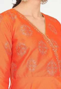 Golden Printed Art Silk Angrakha Style Kurta in Orange