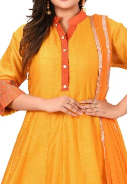 Golden Printed Art Silk Abaya Style Suit in Mustard