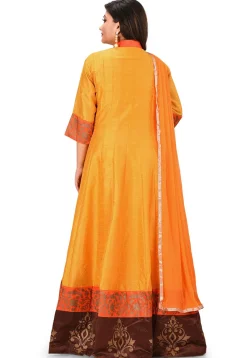 Golden Printed Art Silk Abaya Style Suit in Mustard