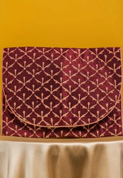 Golden Printed Art Silk Clutch Bag in Maroon