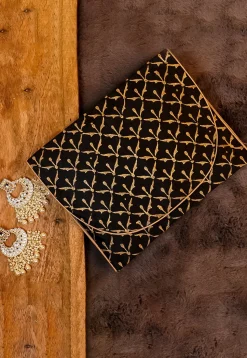Golden Printed Art Silk Clutch Bag in Black