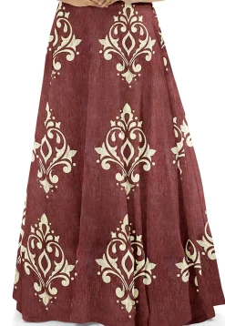Golden Printed Art Silk Circular Skirt in Brown