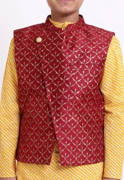 Golden Printed Art Silk Jacket in Maroon
