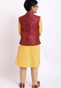 Golden Printed Art Silk Jacket in Maroon