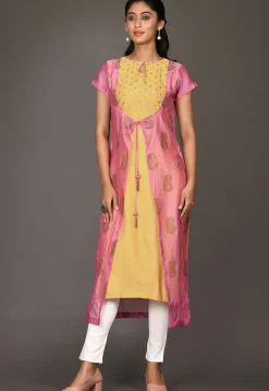 Golden Printed Chanderi Silk Straight Kurta in Pink and Yellow
