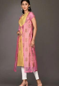 Golden Printed Chanderi Silk Straight Kurta in Pink and Yellow