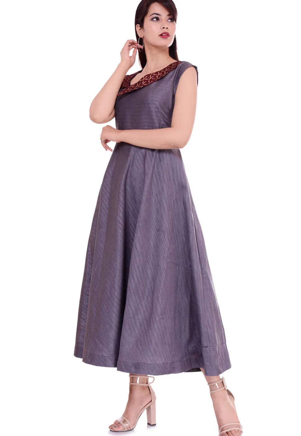 Golden Printed Collar Dupion Silk A Line Dress in Grey