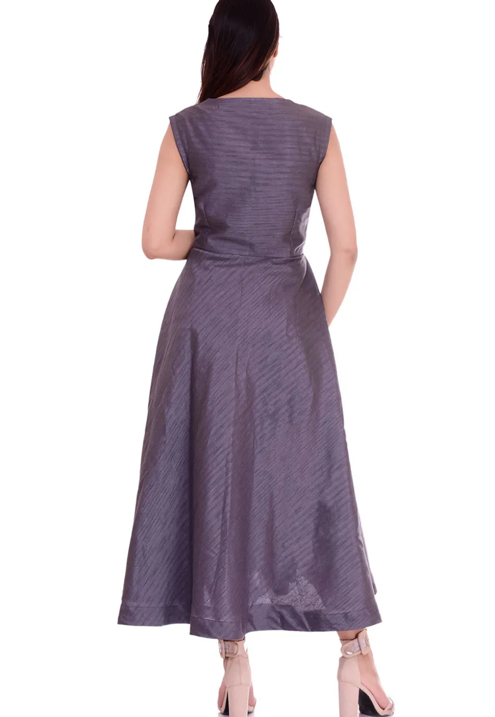 Golden Printed Collar Dupion Silk A Line Dress in Grey