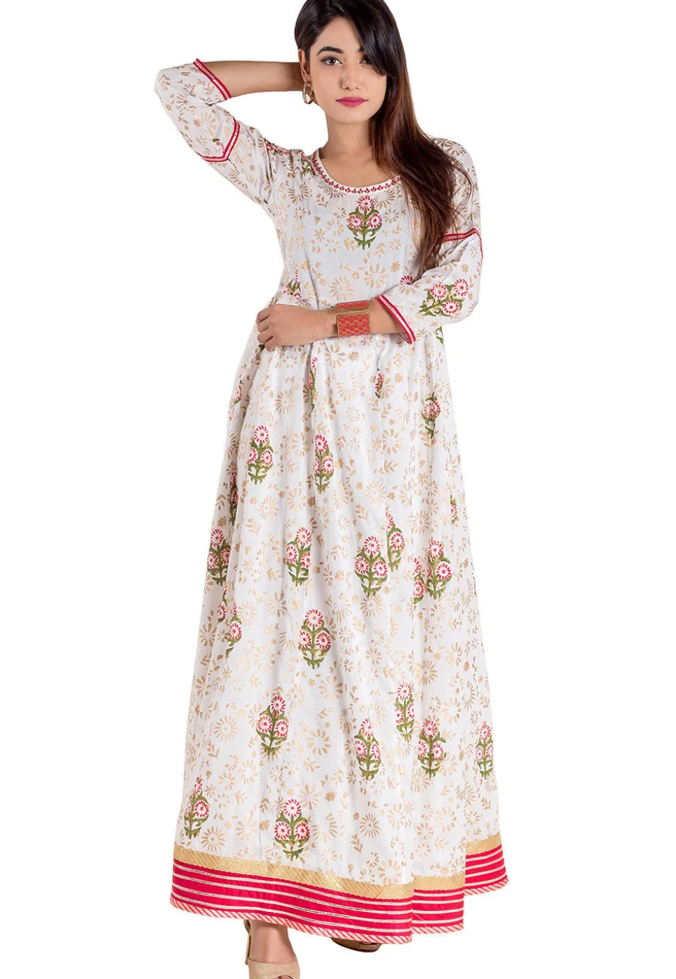 Golden Printed Cotton Flared Kurta in White