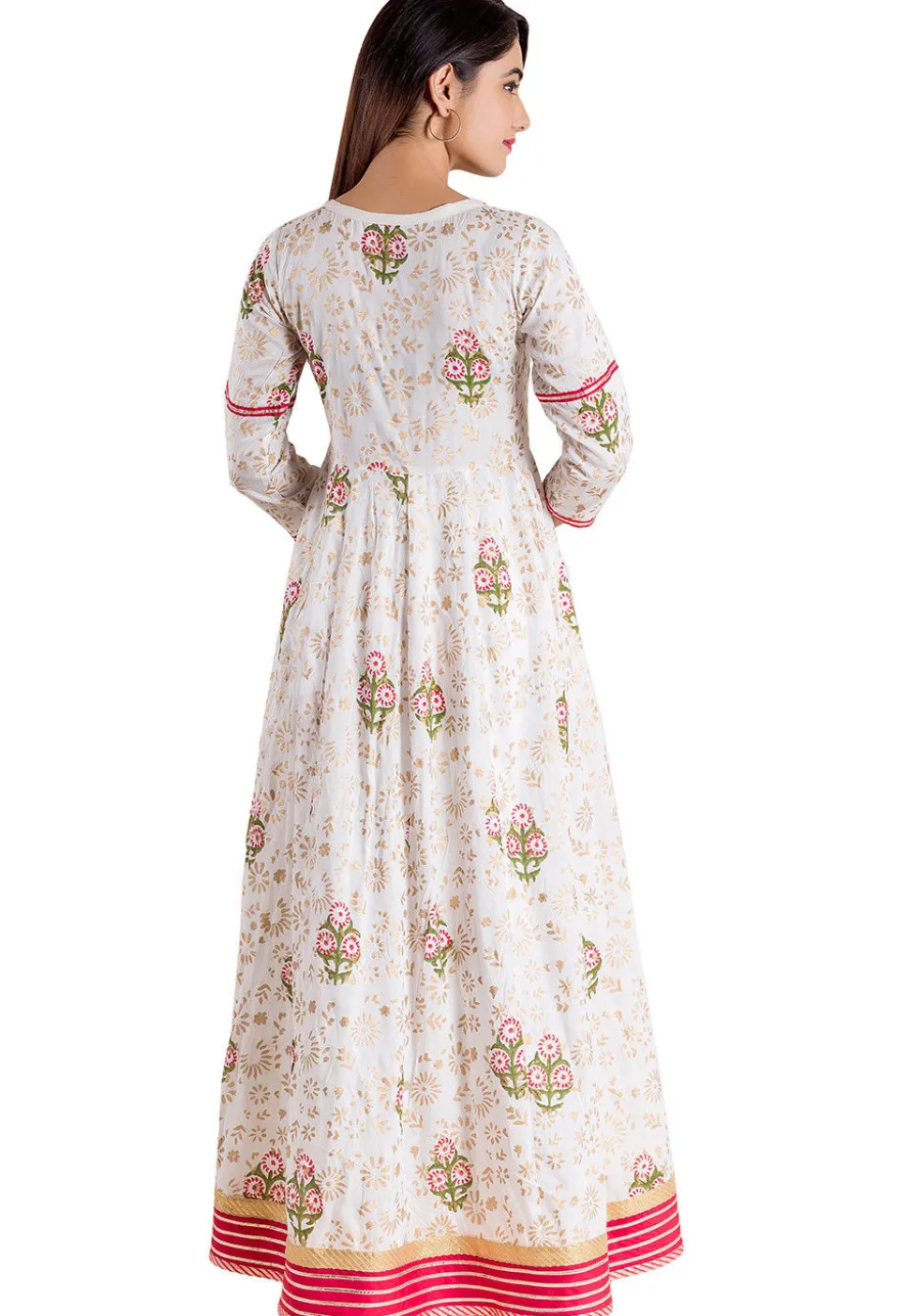 Golden Printed Cotton Flared Kurta in White