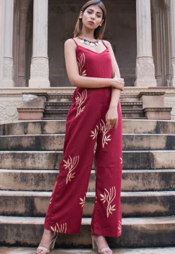 Golden Printed Cotton Jumpsuit in Maroon