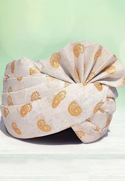 Golden Printed Cotton Kids Turban in White