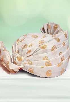 Golden Printed Cotton Kids Turban in White