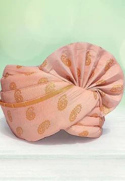 Golden Printed Cotton Kids Turban in Peach Pink