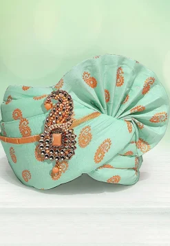 Golden Printed Cotton Kids Turban in Sea Green