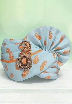 Golden Printed Cotton Kids Turban in Sky Blue