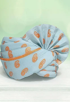 Golden Printed Cotton Kids Turban in Sky Blue