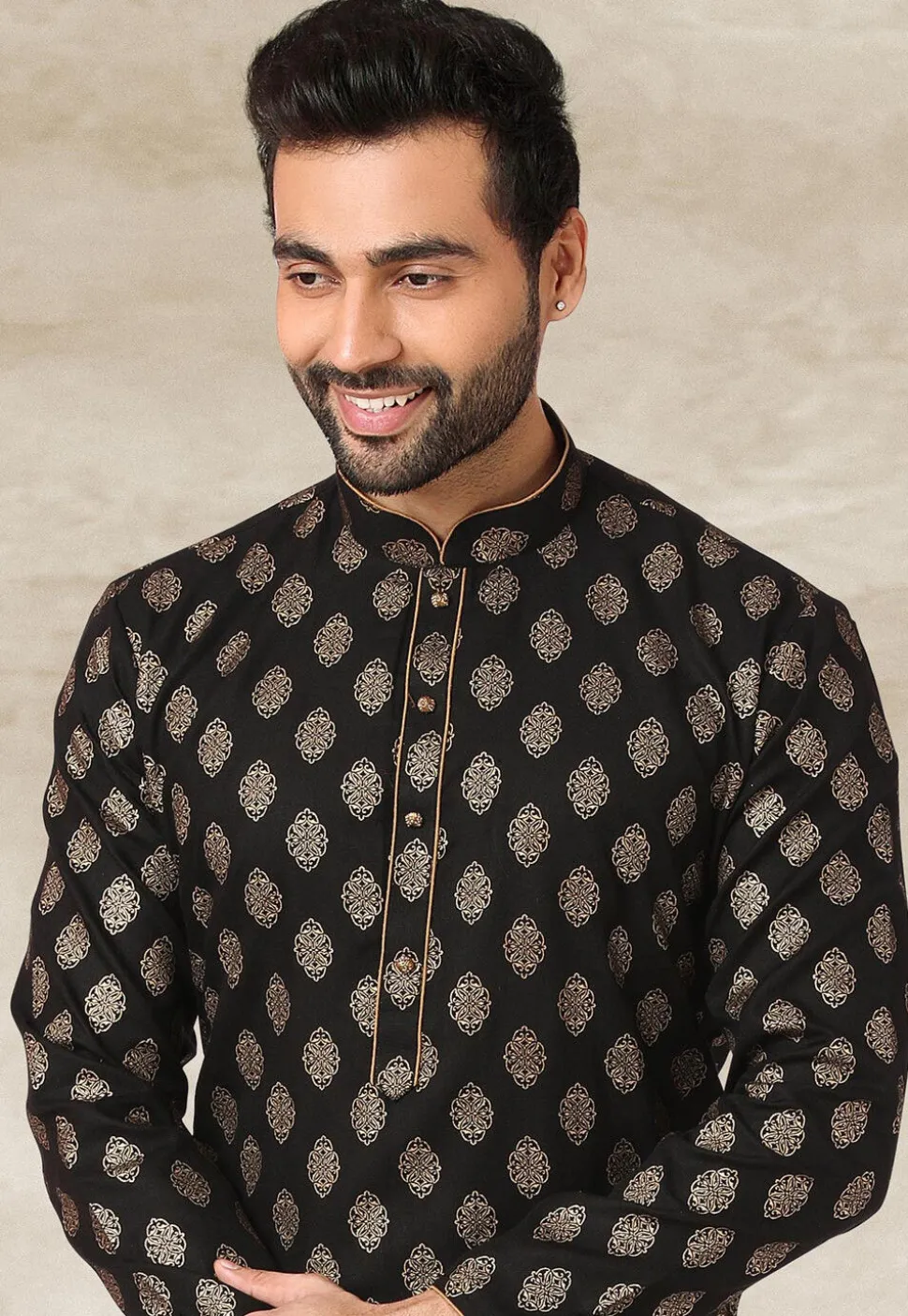 Golden Printed Cotton Kurta in Black