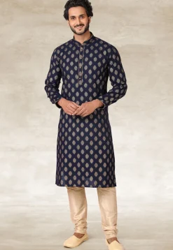 Golden Printed Cotton Kurta in Navy Blue