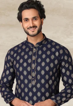 Golden Printed Cotton Kurta in Navy Blue