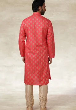 Golden Printed Cotton Kurta Set in Dark Peach