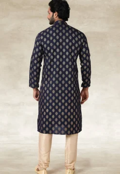 Golden Printed Cotton Kurta Set in Navy Blue